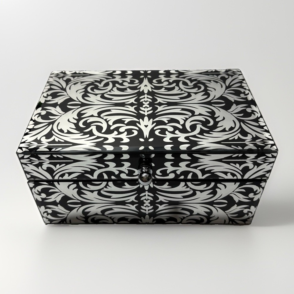 Vintage Hollywood Regency Black White Damask Glass Mirrored Jewelry Box Keepsake